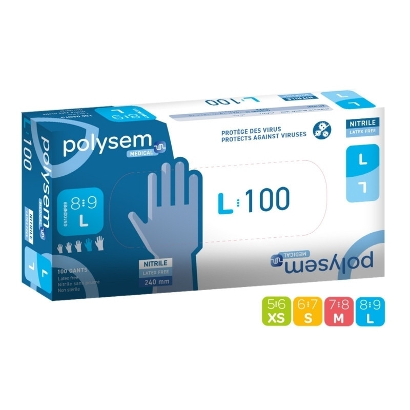 Gants nitrile bleu Polysem Médical - Sans poudre - Boite de 100