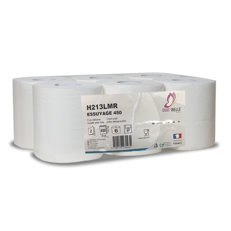 Bobine d'essuyage lisse Ouatinelle - Dévidage central - Grand modèle - Ballot de 6 rouleaux