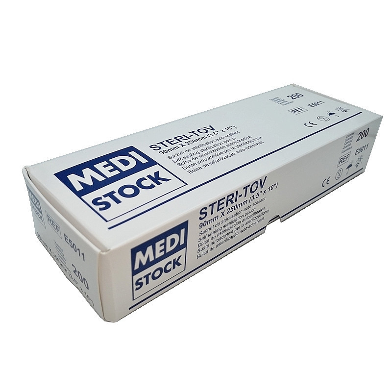 Sachet de stérilisation Steri-Tov autocollant. 90 x 250 mm. Boite de 200