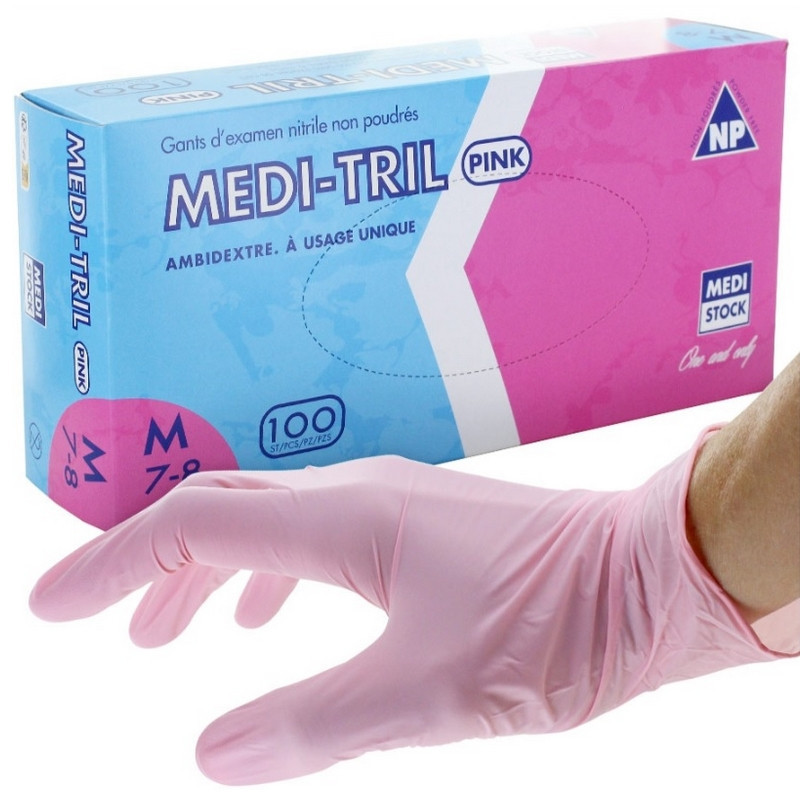 Gants nitrile rose - Medi Tril - Sans poudre - Boite de 100