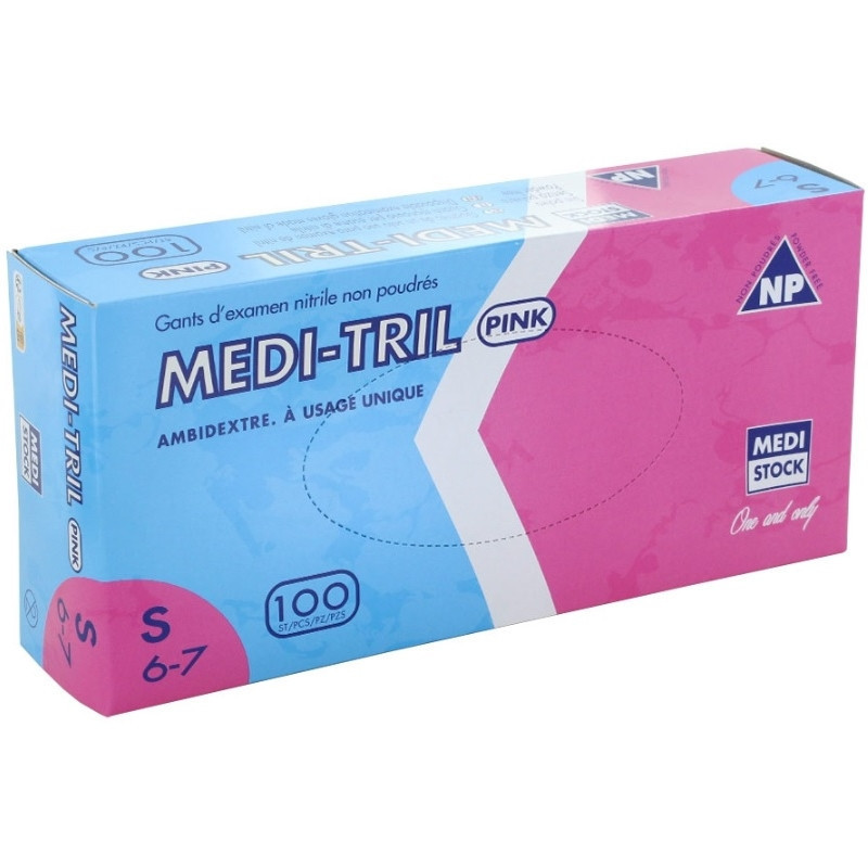 Gants nitrile rose - Medi Tril - Sans poudre - Boite de 100