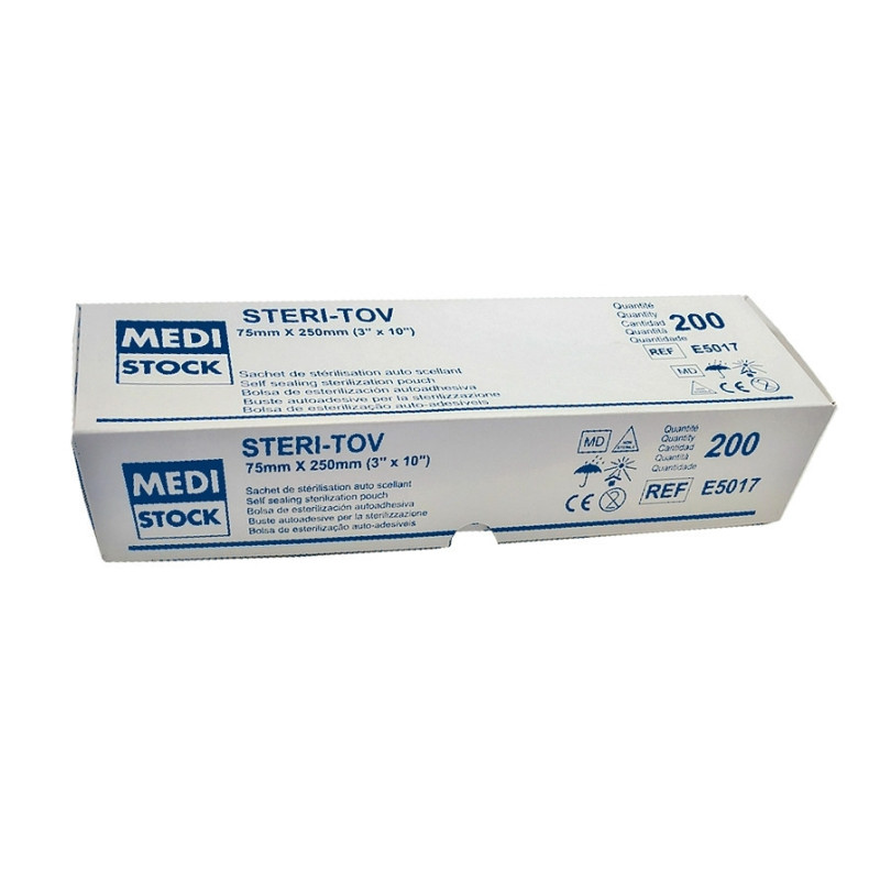 Sachet de stérilisation Steri-Tov autocollant  75 x 250 mm boite de 200